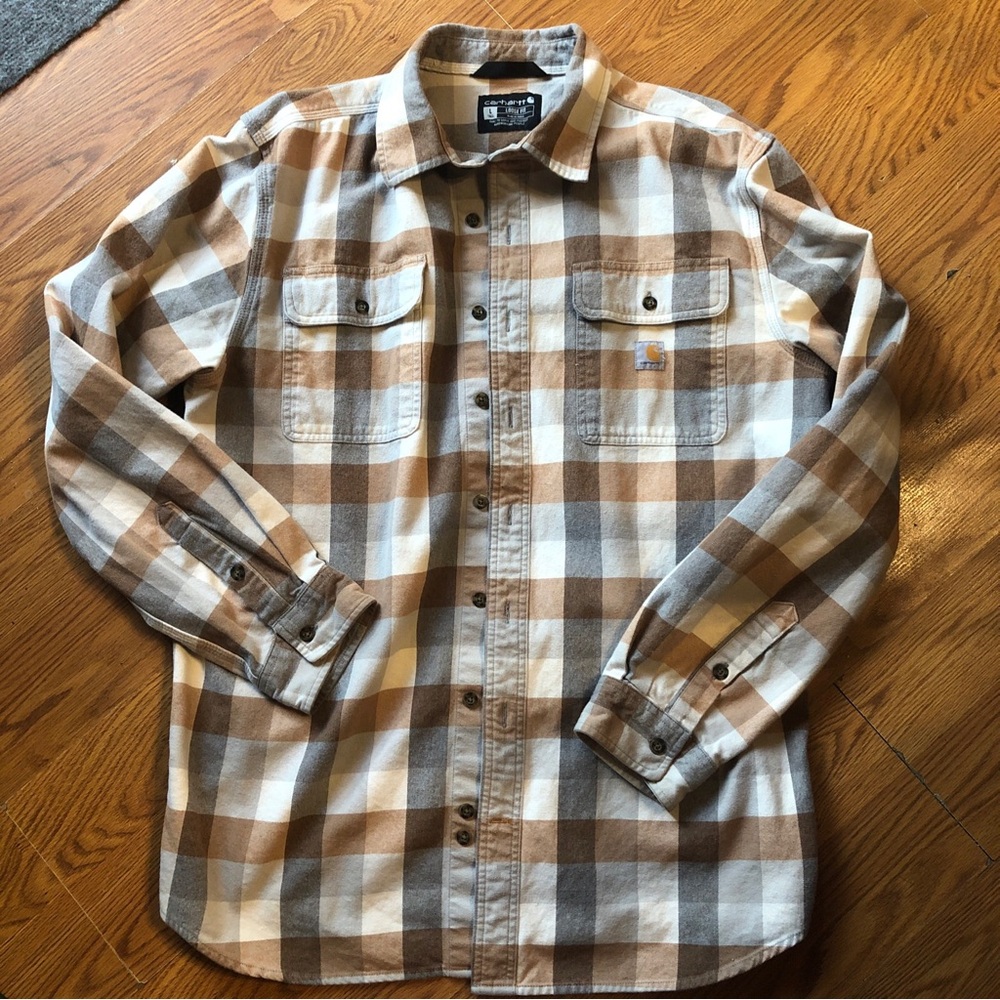 Carhartt Men’s Tan, Brown & White Plaid Button-Down Shirt